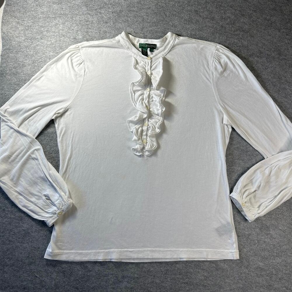 Lauren Jeans Co. Ralph Lauren white long-sleeve knit top cascading front ruffle
